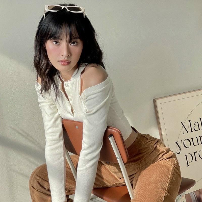 Áo Kiểu Nữ Body Tay Dài PINKSTORE29, Dáng Ôm Cúc Cài Hở Vai A5410