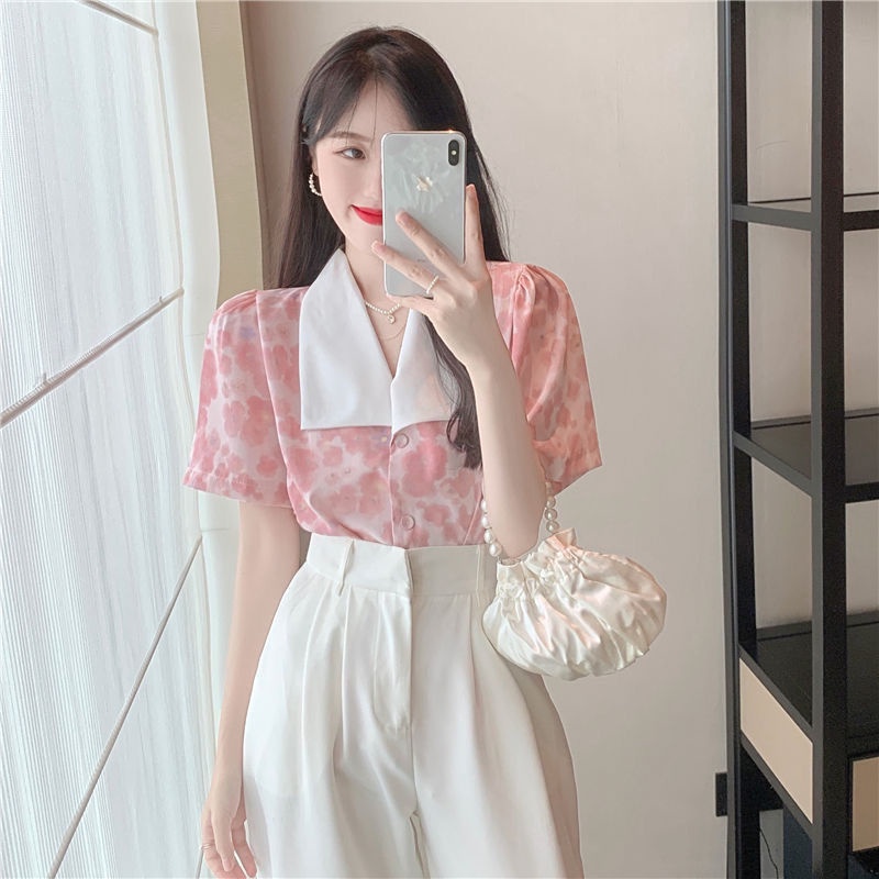 Áo Hoa Tay Phồng Cổ Chữ V Plus Size Phong Cách Hàn Quốc Cho Nữ