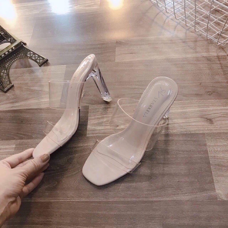 Guốc, dép mika hai quai ngang sang chảnh thời trang mũi vuông gót Trong cao 8cm