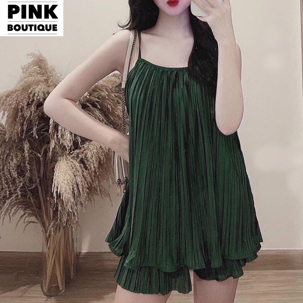 Bộ Đồ Nữ Lụa Hai Dây Dập Li Quần Short Dáng Váy Mùa Hè Chất Mát Thiết Kế PINK BOUTIQUE | BigBuy360 - bigbuy360.vn