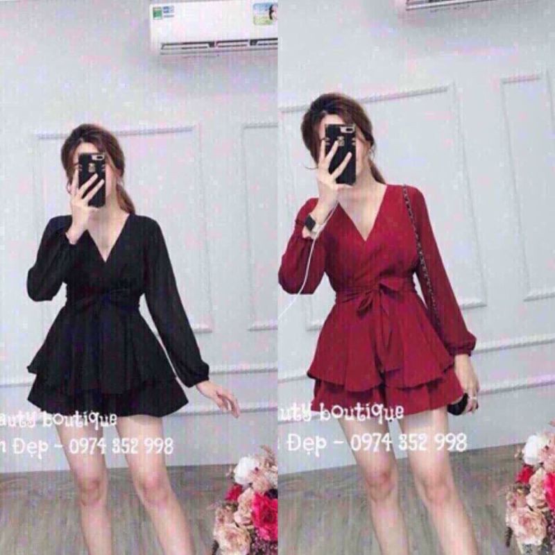 Đầm xòe hai tầng cổ tim tay dài dễ thương