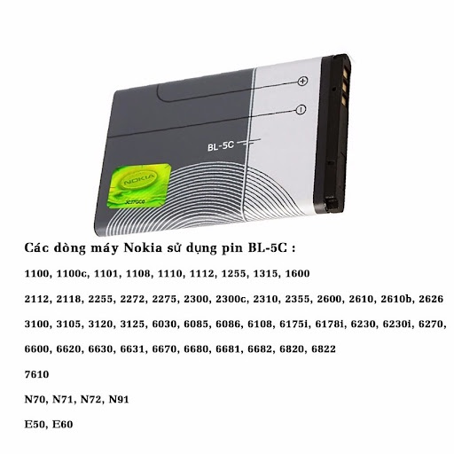 Pin Nokia BL 5C zin với 3IC bảo vệ chống phù được sử dụng cho các dòng Nokia: 1280, 1202, 1200, 1110i, 1208,…