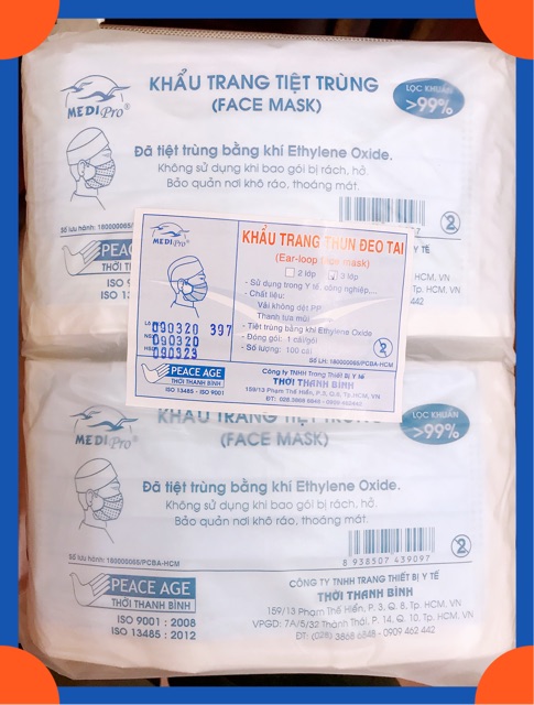KHẨU TRANG TIỆT TRÙNG ĐÓNG 1 CÁI/1 BỊCH MEDIPRO (1 BAO LỚN 100 cái)