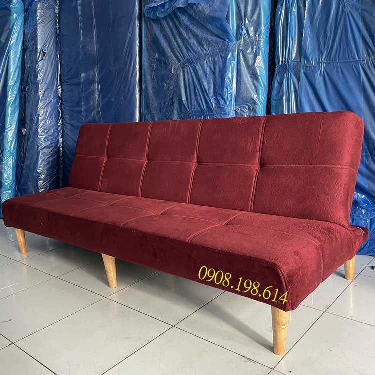 Ghế sofa Bed màu đỏ - Sofa giường vải nhung dài 1.8m chân gỗ - Salon phòng khách bọc vải màu đỏ đô