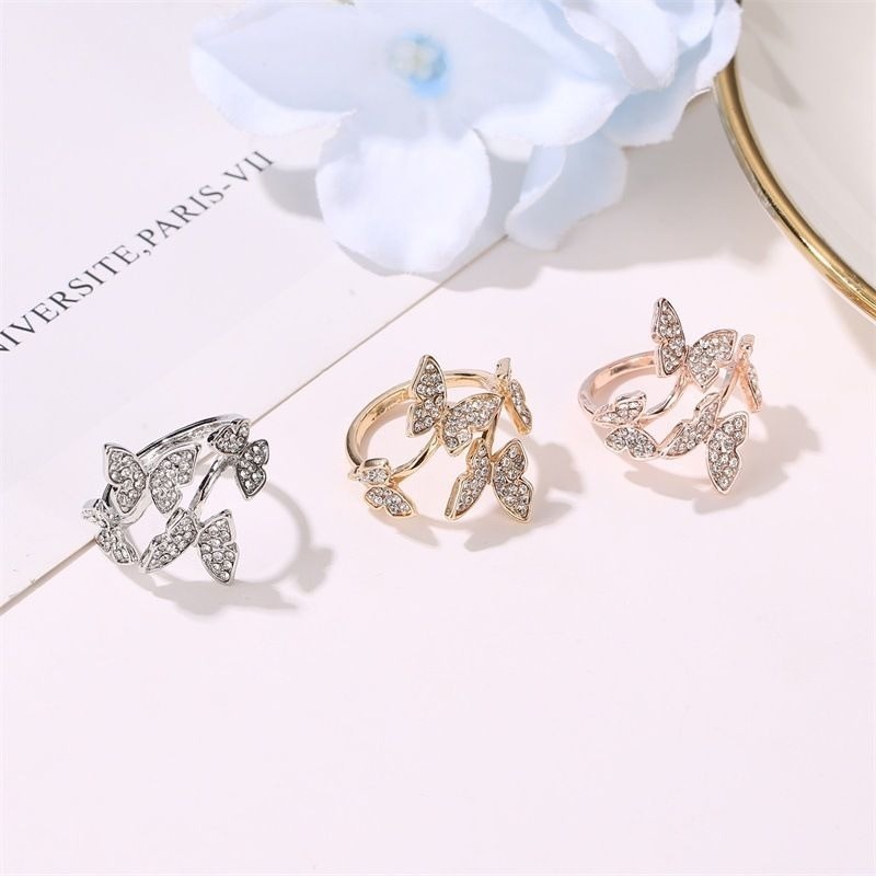Nhẫn Hở Hình Bốn Cánh Bướm Đính Kim Cương Thời Trang Có Thể Điều Chỉnh Cho Nữ