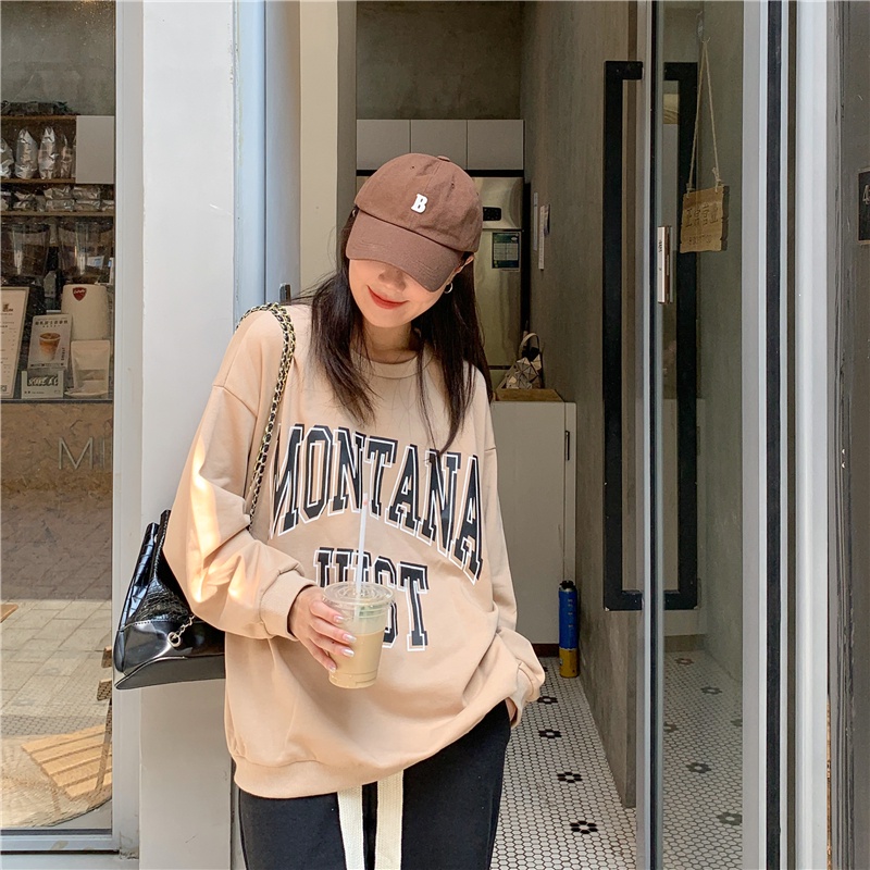 Áo Nỉ Nữ Dài Tay Cổ Tròn In Chữ Thời Trang Hàn Mới