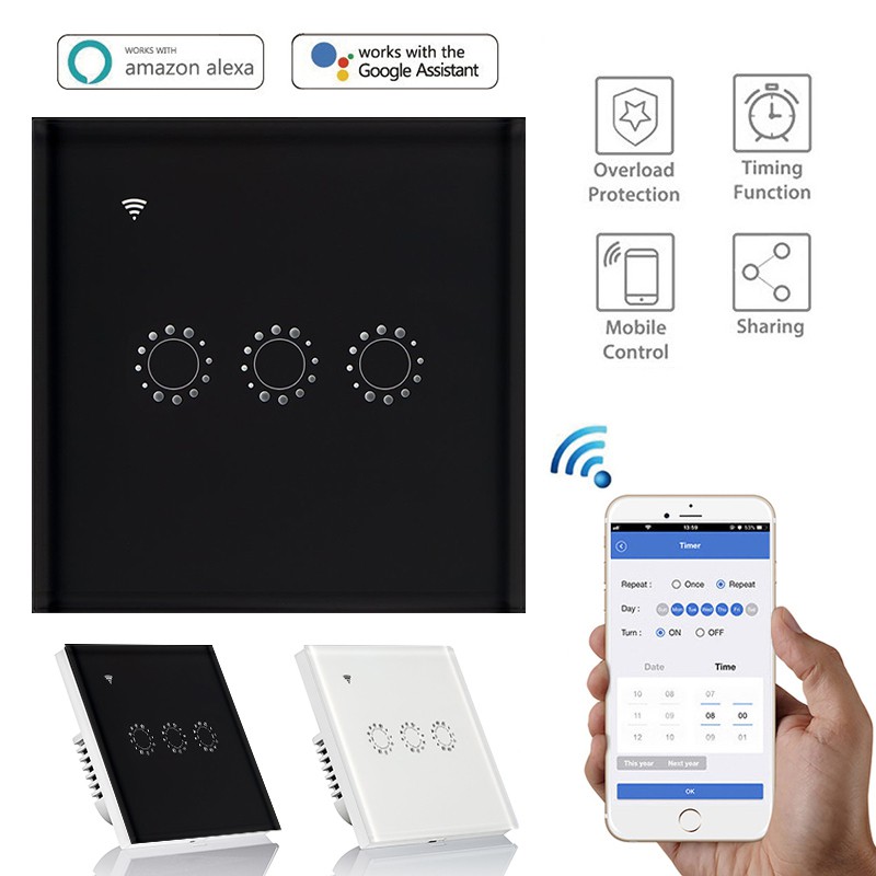 【Available】 Touch switch smart switch panel wall switch 1/2/3 Gang wifi light switch US / EU standard work with Alexa Google Home 【UUSTOCK】