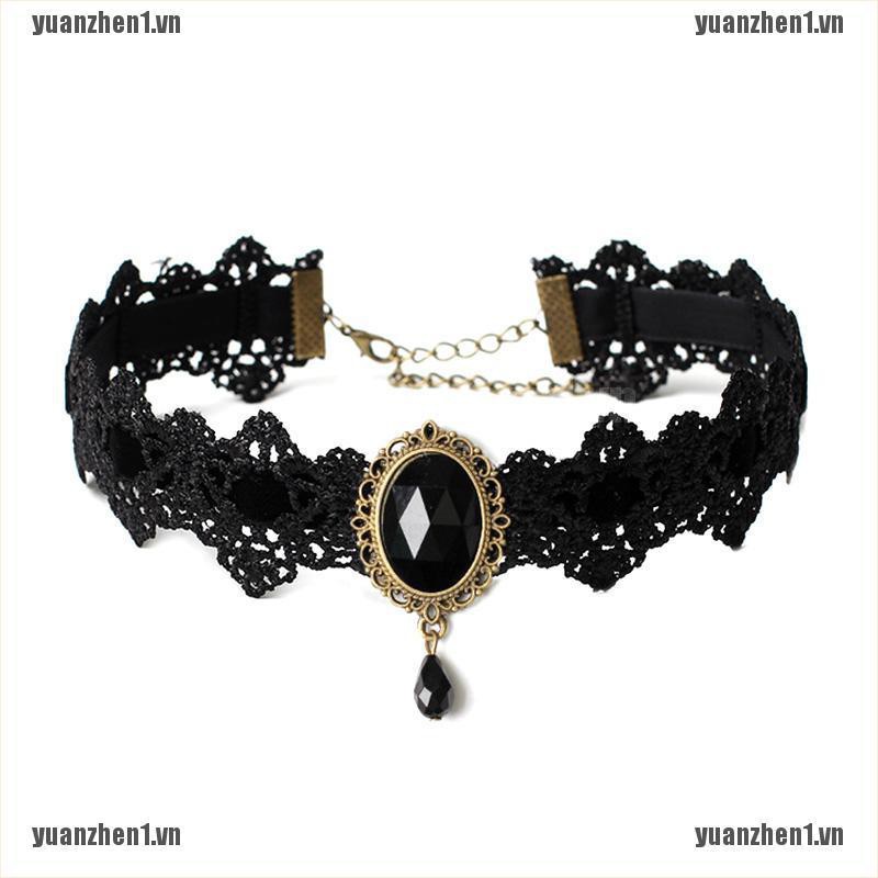 [YUANZHEN1] Vòng Cổ Choker Ren Đen Đính Pha Lê Phong Cách Gothic Cổ Điển