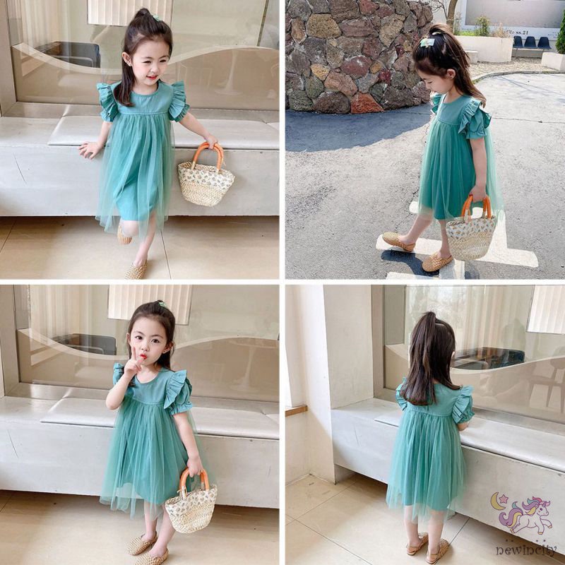 Đầm Tay Ngắn Phối Lưới Thời Trang Hàn Quốc Cho Bé Gái