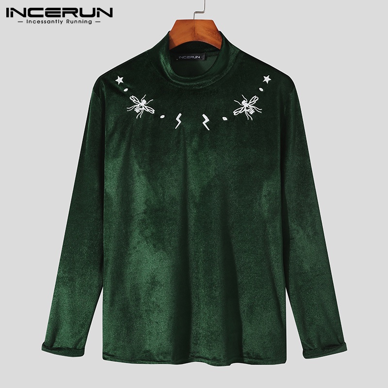 Áo thun INCERUN tay dài cổ lọ thêu họa tiết thời trang xuân thu cho nam