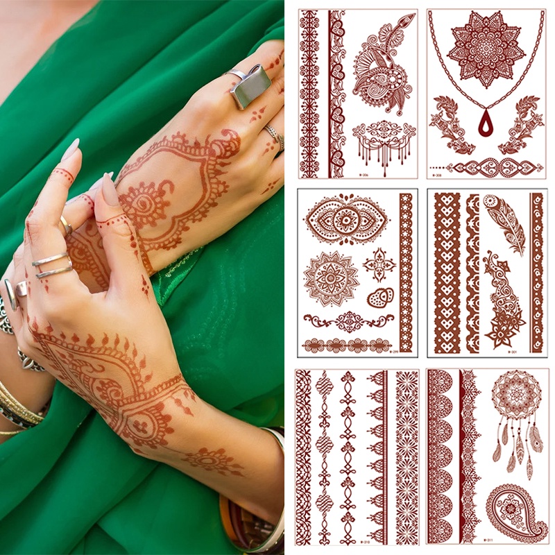 Hình Xăm Dán Tạm Thời Henna Họa Tiết Ren Hoa Màu Đỏ Chống Nước Lâu Trôi Thời Trang Cho Nữ