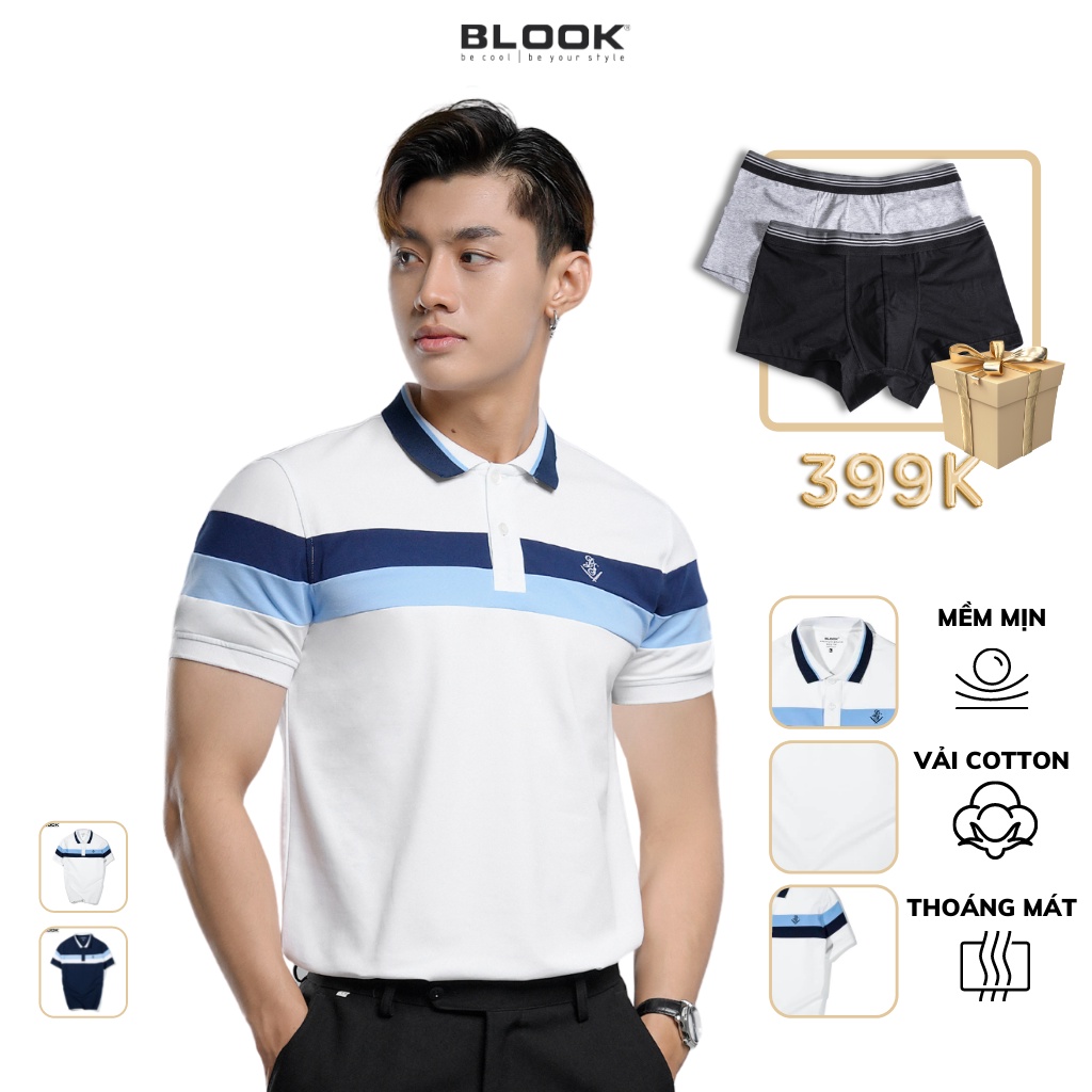 Áo polo nam cổ bẻ vải thun cá sấu cotton phối sọc phá cách thêu BS, xuất xịn, trẻ trung, thanh lịch mã 35521_BLOOK