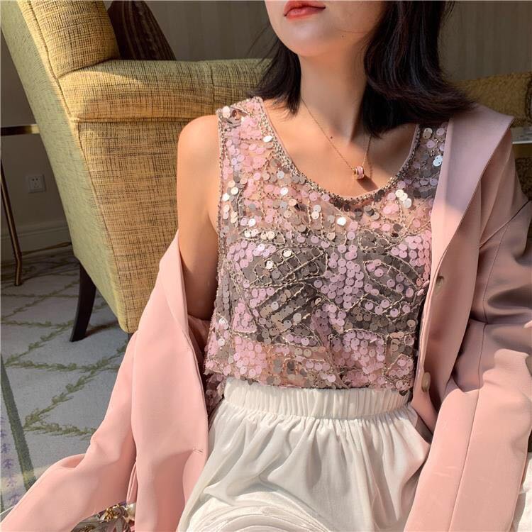 Áo Lưới Không Tay Đính Hạt Sequin Phong Cách Vintage Dành Cho Nữ