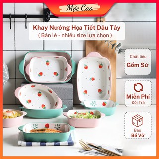 Đĩa sứ, khay sứ nướng có tay cầm họa tiết dâu tây decor phụ kiện bàn ăn tiện dụng
