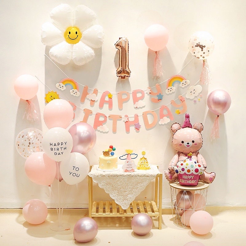 Bóng trang trí gấu ôm bánh kem, gấu teddy