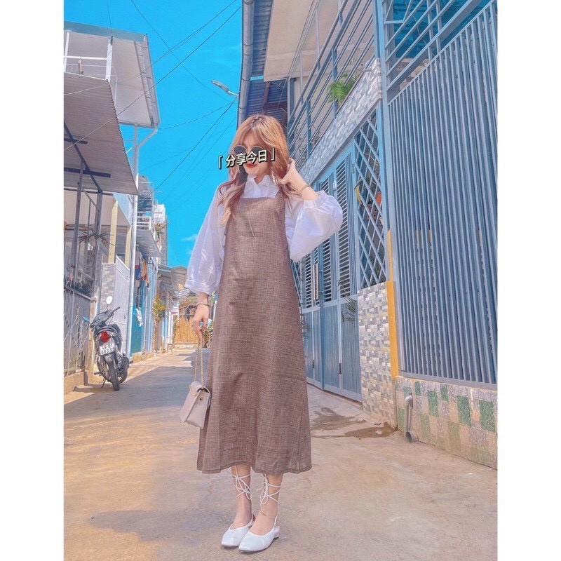 Set yếm 2 dây bản to dáng suông kèm áo sơ mi tay bồng tiểu thư phom rộng ulzzang | BigBuy360 - bigbuy360.vn