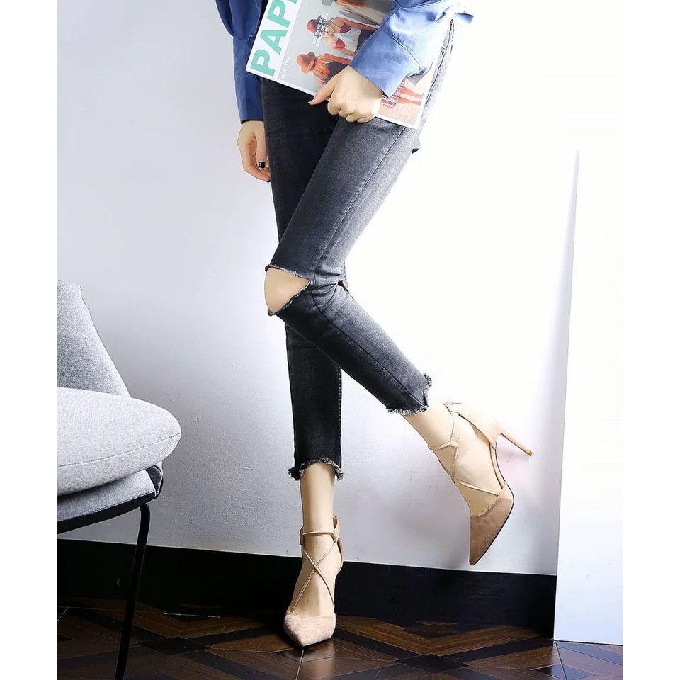 Giày Cao Gót Da Lộn Mũi Nhọn Phối Dây Thắt Sành Điệu Cho Nữ