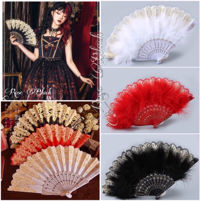 (quạt lông vũ) Quạt cầm tay hoạ tiết nhũ , quạt lolita cosplay cổ trang, gothic, lolita mã EW-885