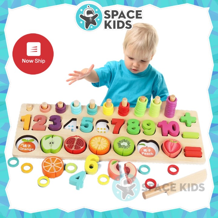 Đồ chơi gỗ cho bé Bảng gỗ 3 trong 1 cột tính, con số và cắt hoa quả cho bé vừa học vừa chơi Space Kids