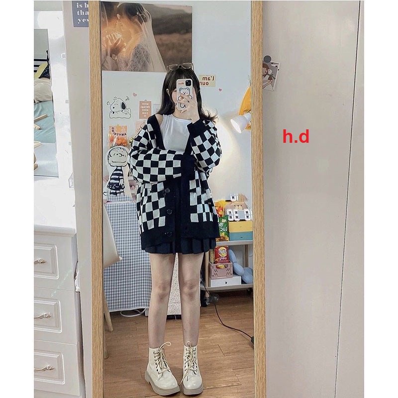 Áo khoác kiểu CADIGAN họa tiết bàn cờ đen trắng cực xinh chất nỉ cotton su FReESize dáng rộng