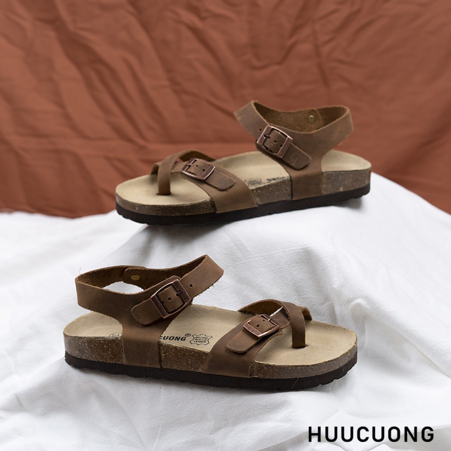 Sandal HuuCuong xỏ ngón da bò nâu/ đen/ Rêu đế trấu, chính hãng giầy dép sandal Hữu Cường, bảo hành 6 tháng