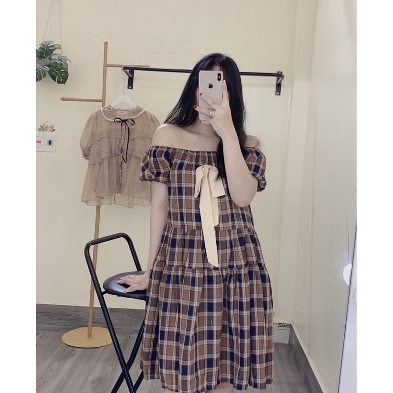 ( ảnh thật ) Váy kẻ trễ vai nơ
