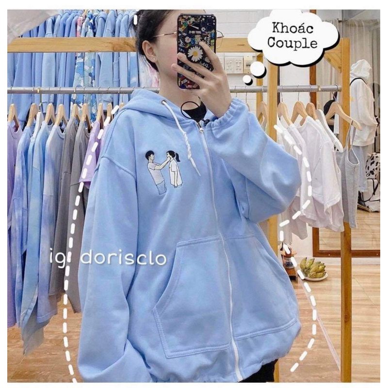 Áo khoác hoodie xanh dây kéo tay phồng thêu hình couple nam nữ