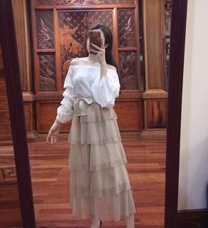 Chân váy voan tầng thắt nơ