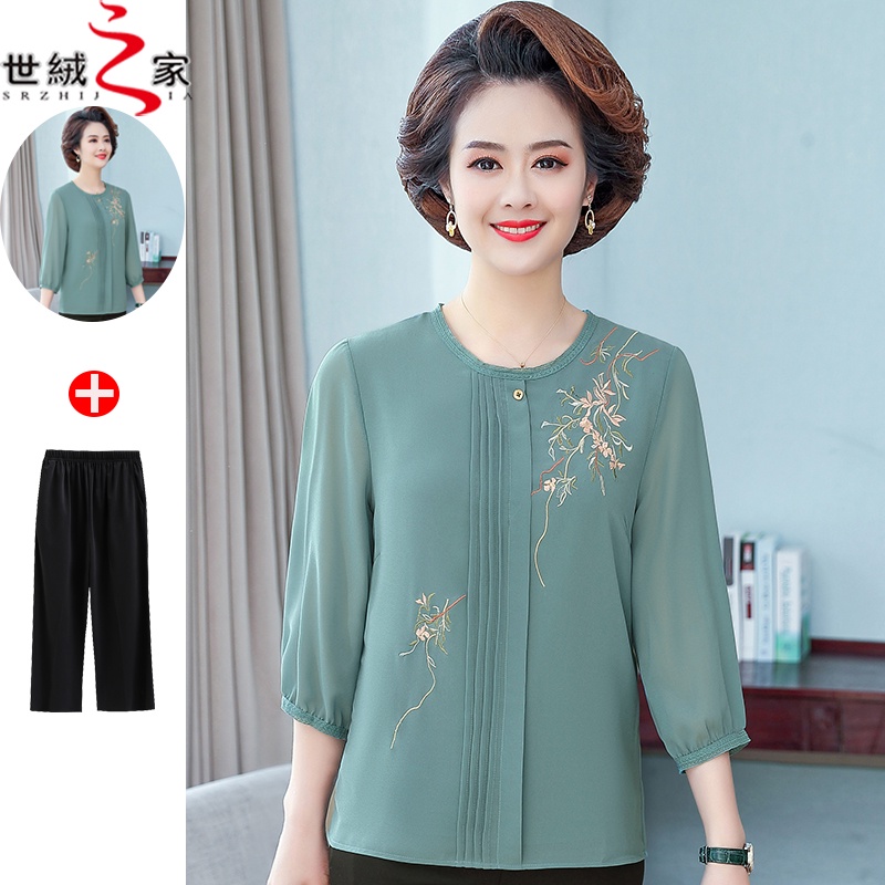 Bộ quần áo tay lửng vải lụa phong cách phương Tây hàng mới dành cho nữ trung niên