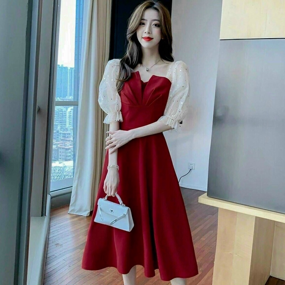 Đầm Xòe Dự Tiệc Dạo Phố Thiết Kế Cổ Vuông Tay Phối Lưới Chấm Bi Sang Chảnh Xinh Sắn Thời Trang Váy Nữ Xm Minh Phúc