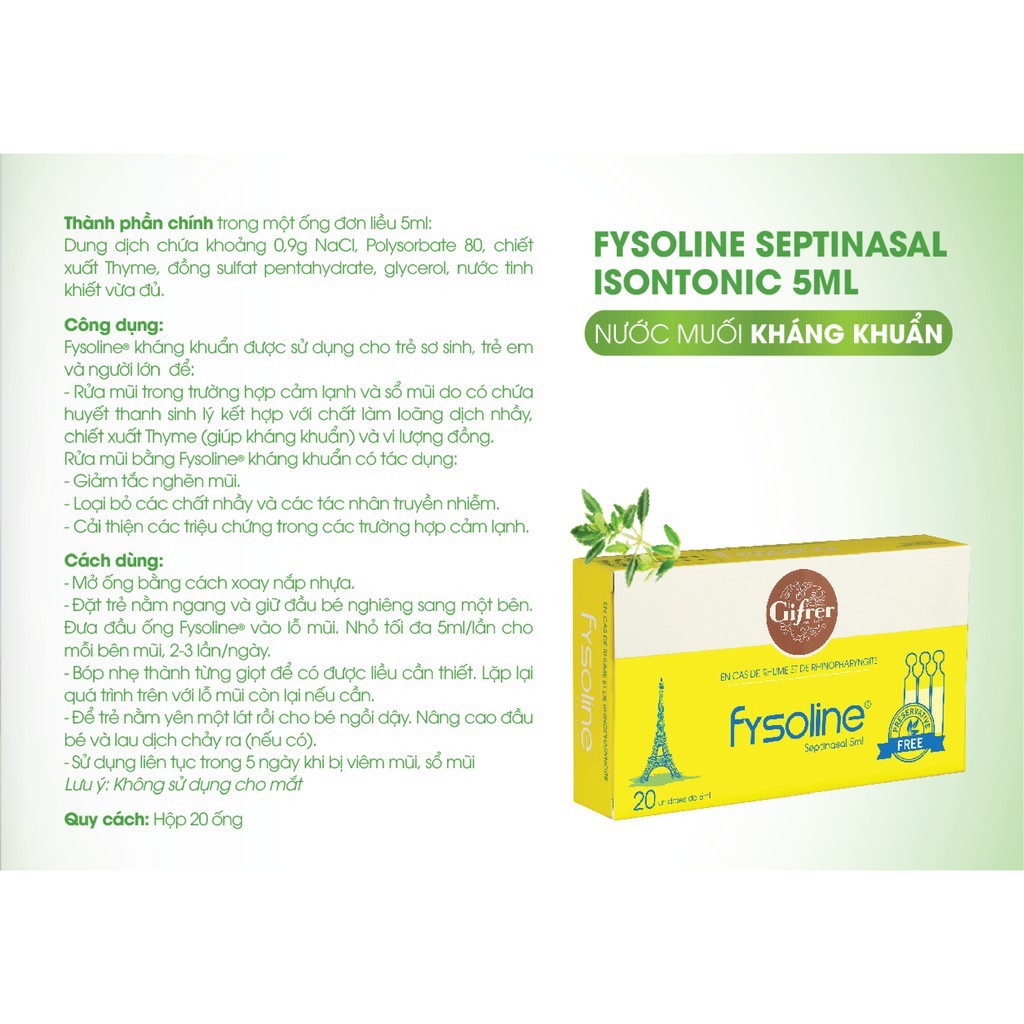 Nước muối sinh lí FYSOLINE kháng khuẩn, hỗ trợ viêm mũi, sổ mũi cho bé