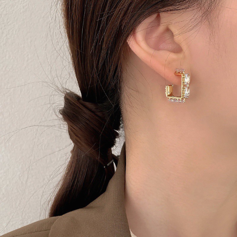 Bông Tai Hình Vuông Đính Đá Lấp Lánh Phong Cách Hàn Quốc Dành Cho Nữ