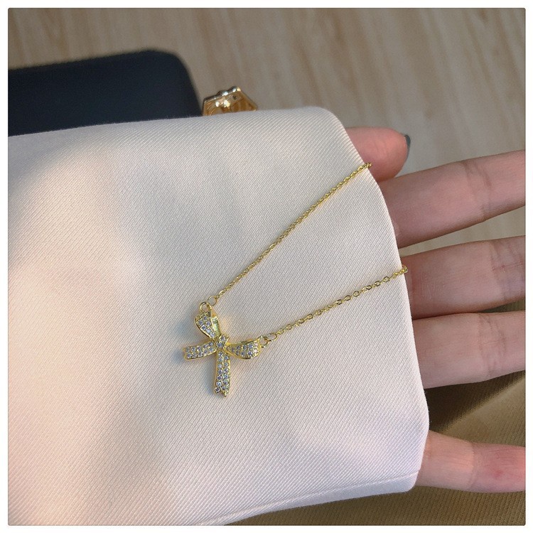 Vòng cổ Mặt Nơ Đính Đá Zircon 3d Lấp Lánh Phong Cách Hàn Quốc Sang Trọng Dành Cho Nữ