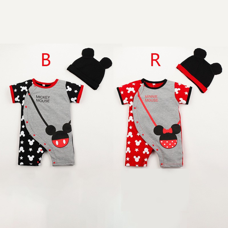 Áo liền quần cotton ngắn tay in họa tiết Mickey kèm mũ thời trang cho bé