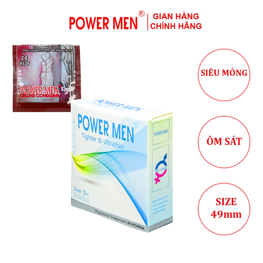 Bao cao su Powermen Tighter &amp; Ultrathin Size 49mm Hộp 3 chiếc (TSI3)