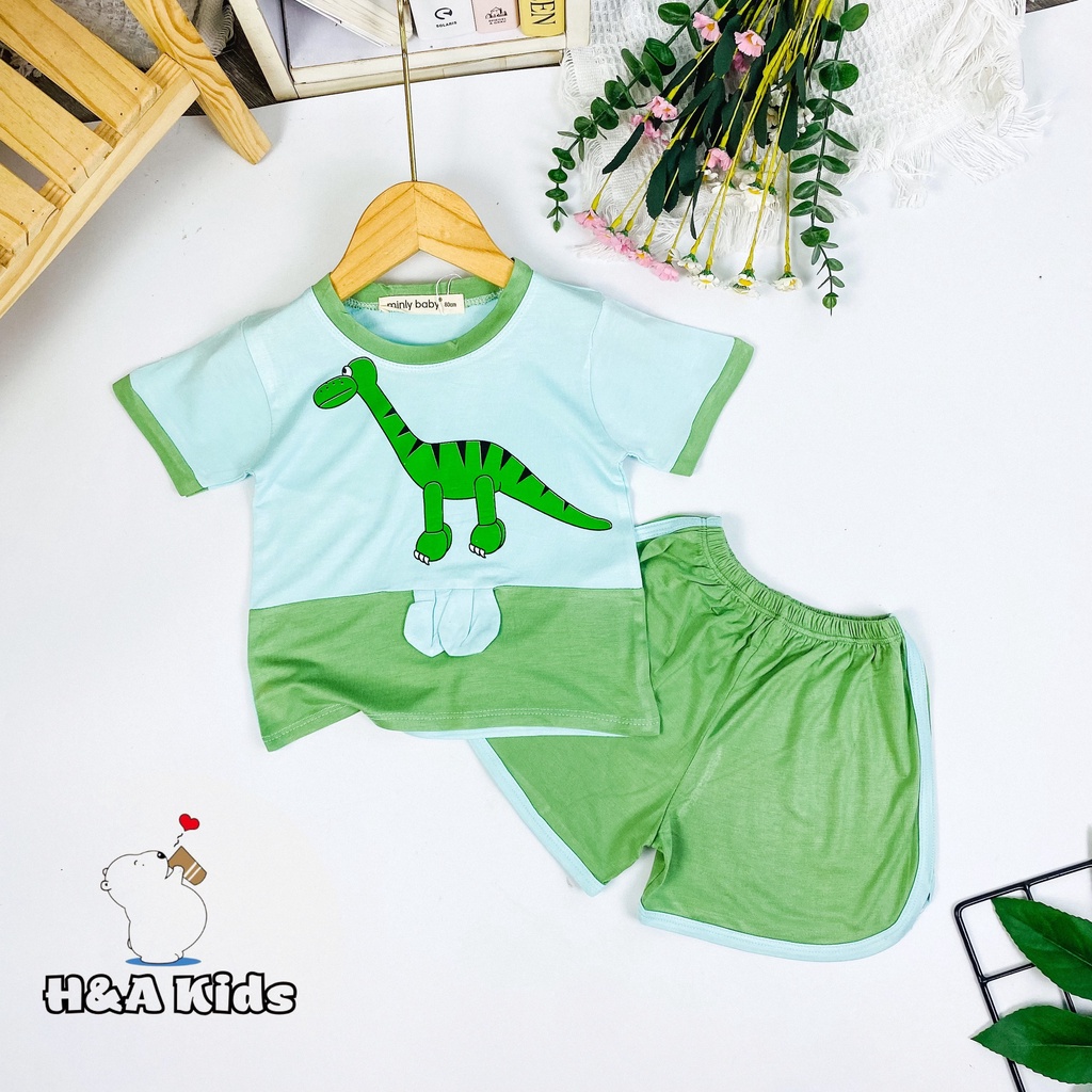 [Bé 20-33kg] Bộ ngắn tay thun lạnh in hình phối taI thỏ thật cho bé trai bé gái từ 20-33kg