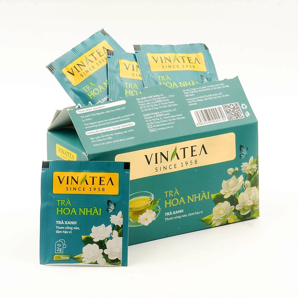 Trà Vinatea hoa nhài trà túi lọc hộp 50gram 25 gói thanh lọc cơ thể, thư giãn, giải độc gan.