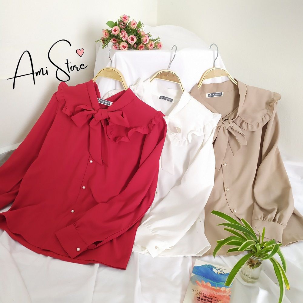 Áo sơ mi Ami dài tay bèo vai thắt nơ cổ xin xắn SM06