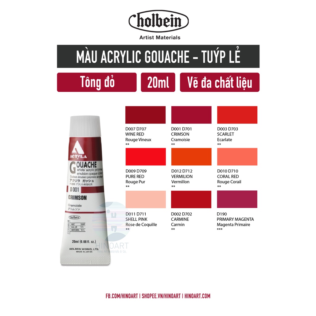 [ Tông Đỏ ] Màu vẽ Acrylic Gouache Holbein tuýp 20ml