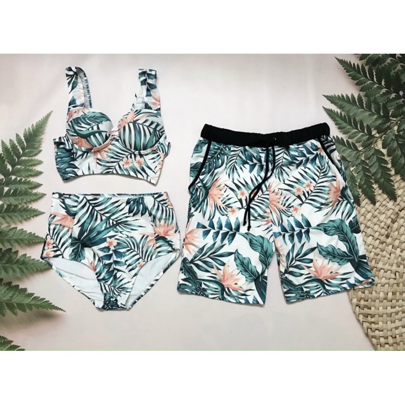 Set đồ bơi nam nữ hoạ tiết lá cây | BigBuy360 - bigbuy360.vn