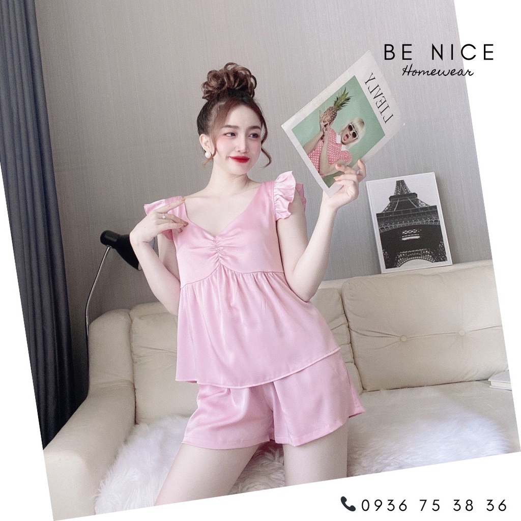 Bộ lụa ngắn cánh tiên nhún ngực màu trơn xinh xắn cho nàng nhà Be Nice Homewear