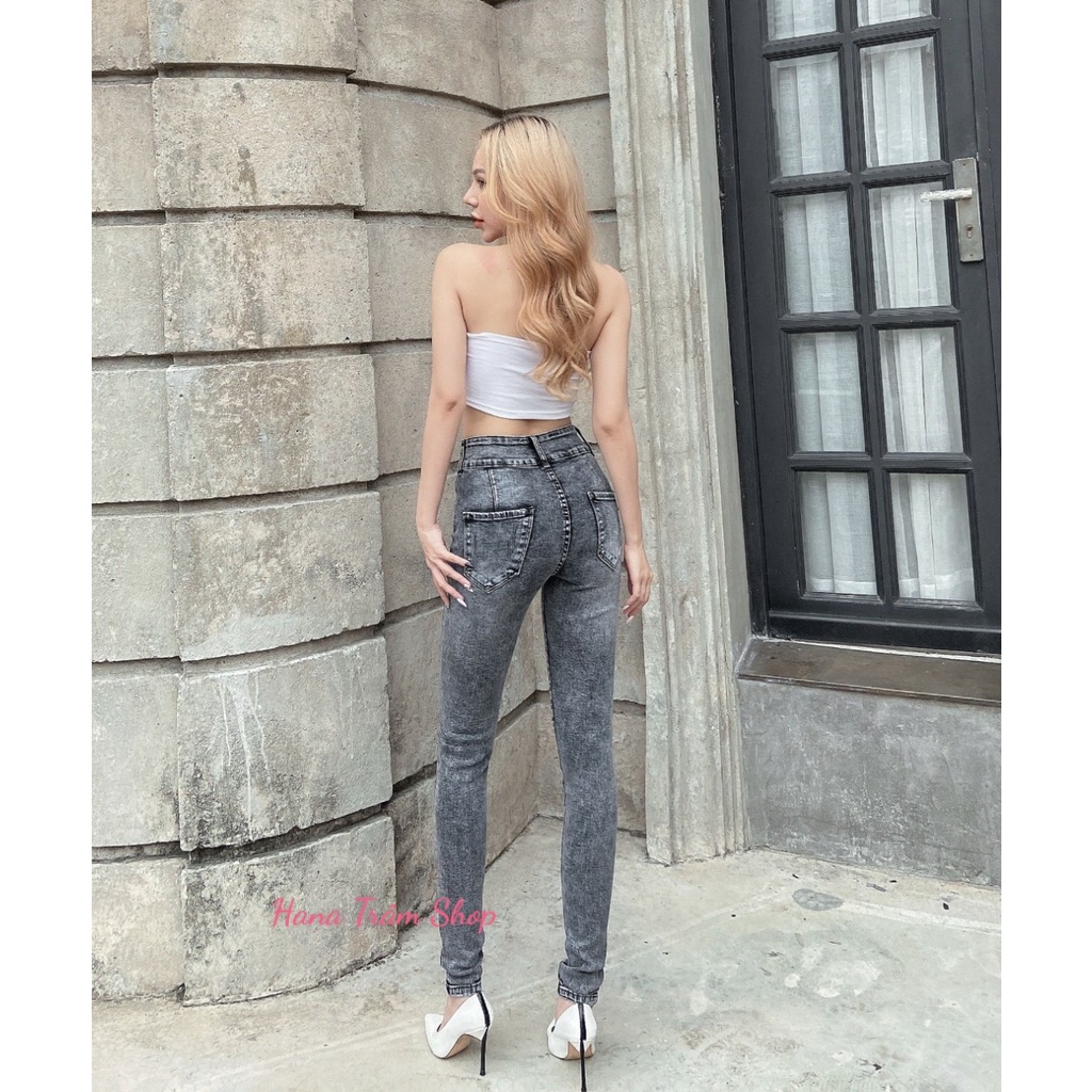 Quần Jean Dài Nữ Lưng Cao Co Giãn 2 Nút Mẫu Trơn Màu Xám Ảnh Mẫu Chụp Thật