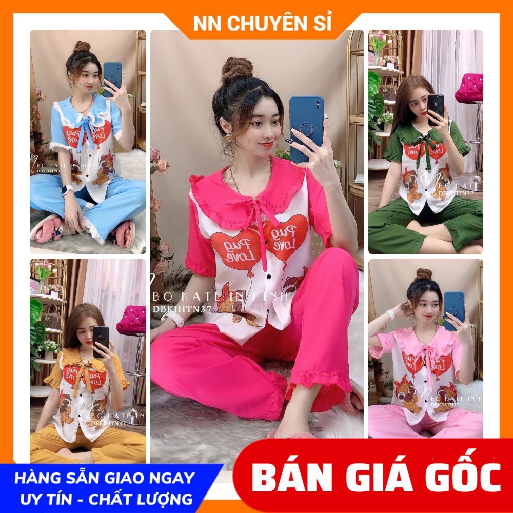 Đồ bộ nữ mặc nhà vải kate cổ bèo quần dài in hình DBKIHTN37 ⚡Ảnh thật⚡