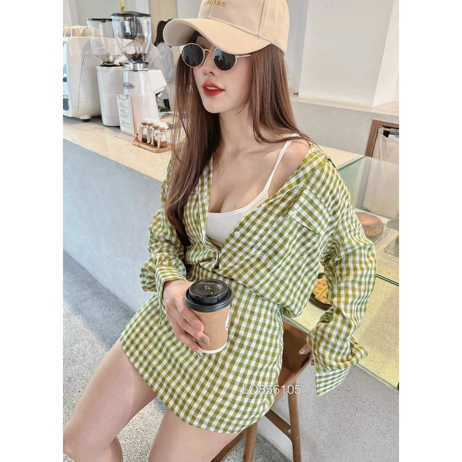 [Sales FreeShip] Sét 2 Món Áo Sơ Mi Tay Dài Mix Chân Váy Chữ A Có Lót Chất Liệu Kate