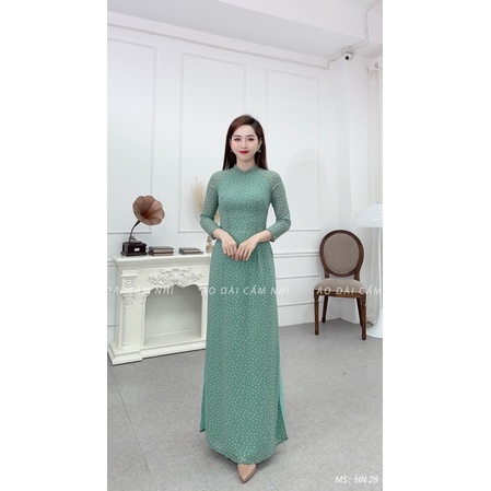 Áo dài Chấm Bi Màu Xanh, Áo dài 4 tà Voan Hàn -  Mã HN28