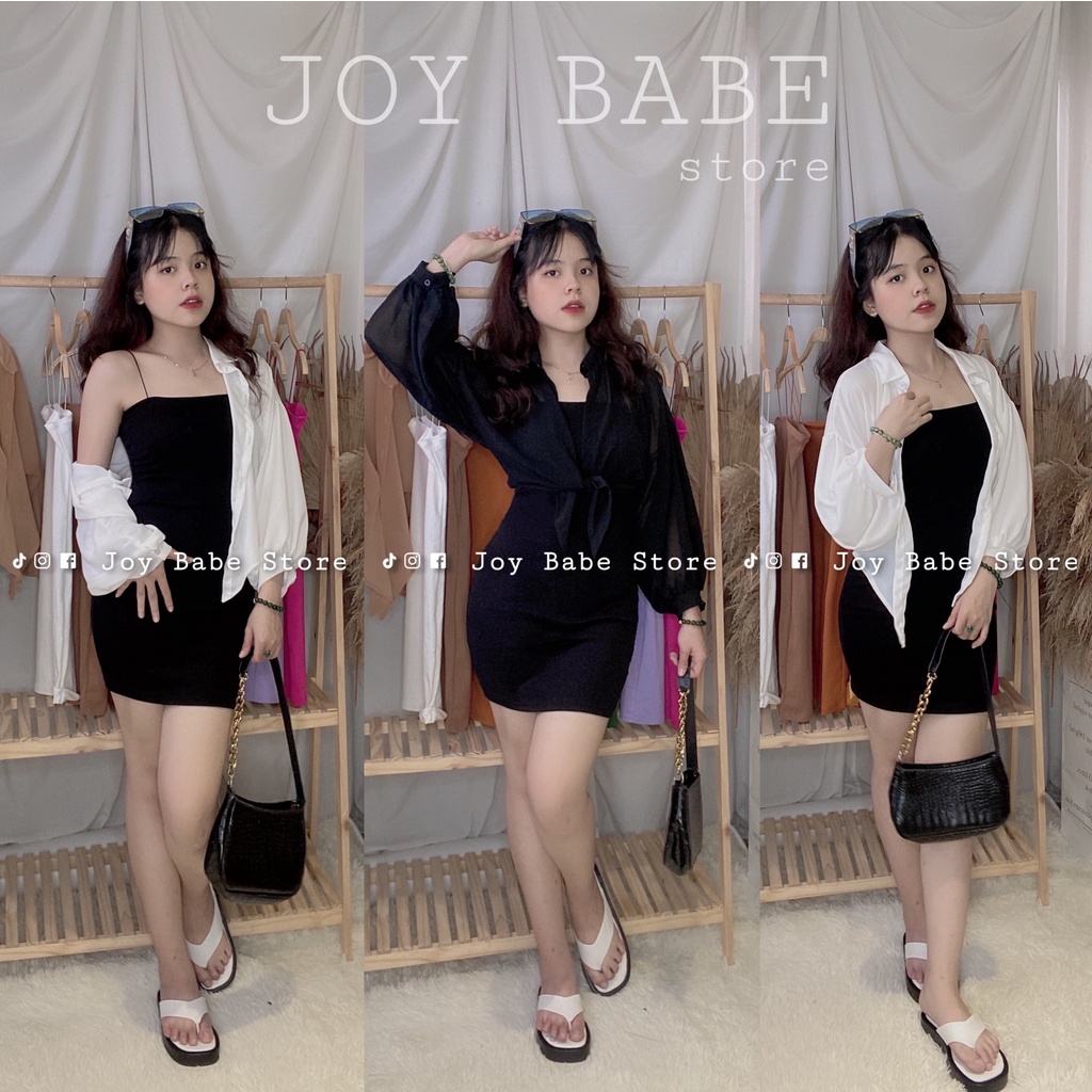 Đầm body nữ hai dây sexy JOY BABE 🌺 mix áo khoác sơ mi mong manh, thun ôm đẹp hack dáng, đầm thời trang sọc DAM 5