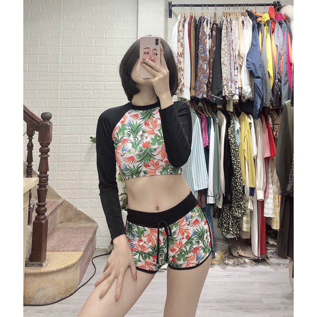 Bộ Đồ Bơi Nữ 2 Mảnh Quần Đùi Cạp Cao Aó Crop Dài Tay Bin Sports BHV093 | BigBuy360 - bigbuy360.vn
