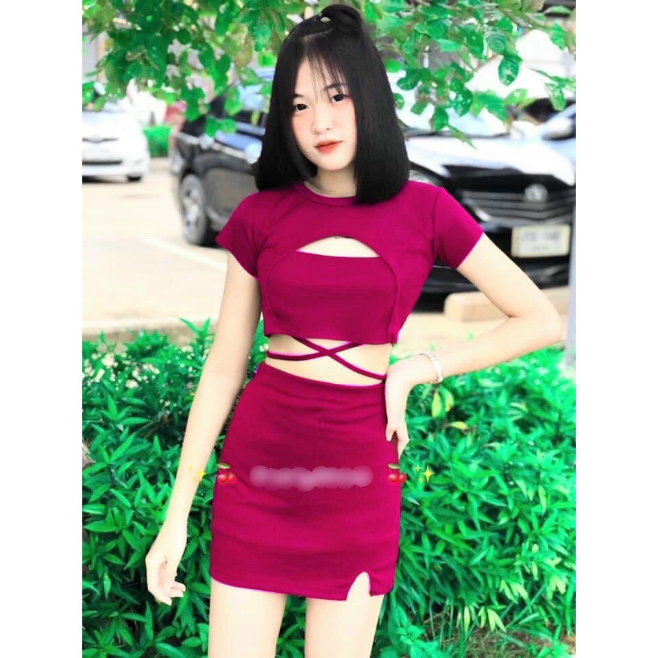 Set bộ gân nữ hot 2 món áo thun dáng croptop tay ngắn phối dây buộc eo kèm chân váy ngắn hot 60