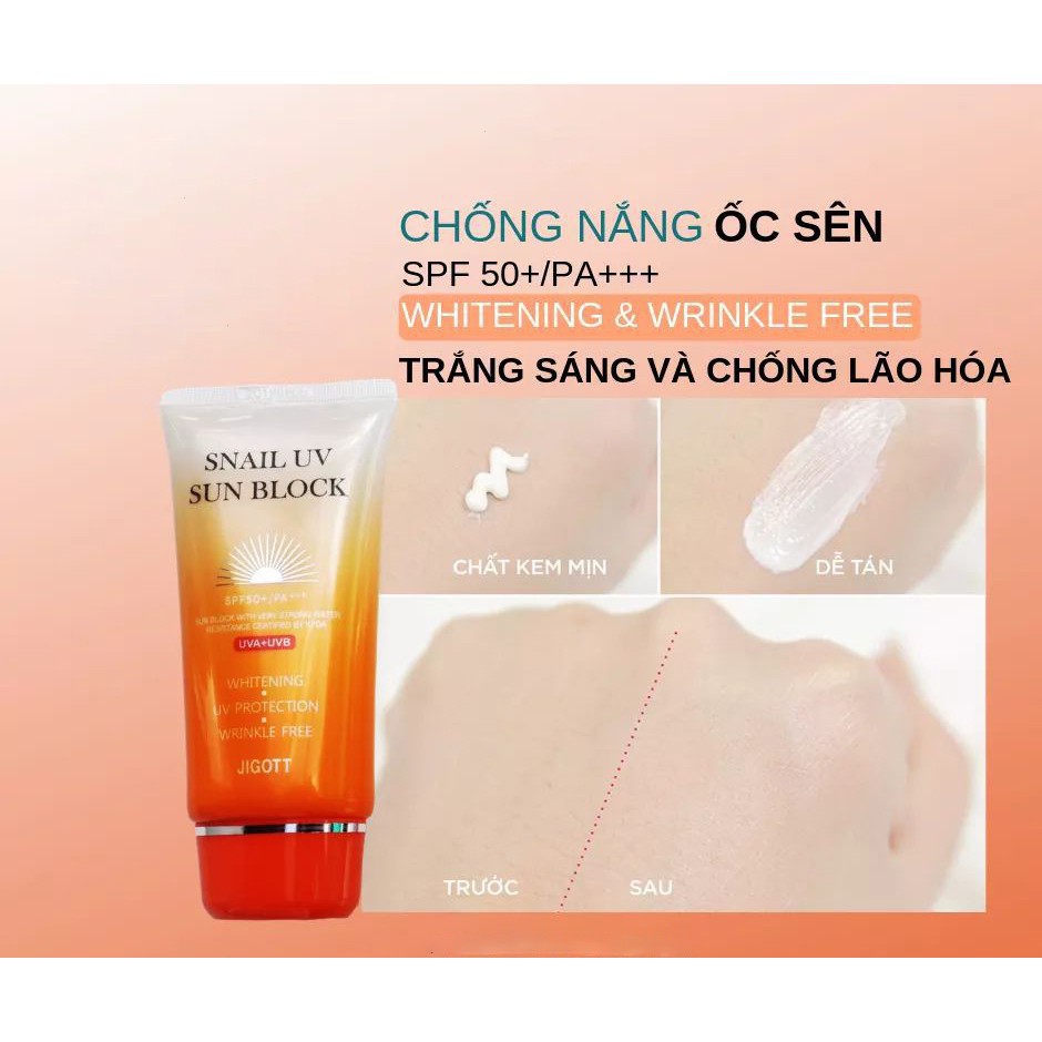 Kem chống nắng ốc sên JIGOTT SNAIL UV SUN BLOCK Hàn Quốc SPF50+/PA+++ 70ml cho mọi loại da