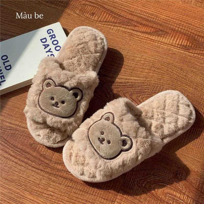 Dép lông nữ quai ngang họa tiết gấu bear đáng yêu hai màu basic đi học đi chơi đi trong nhà siêu xinh jumato